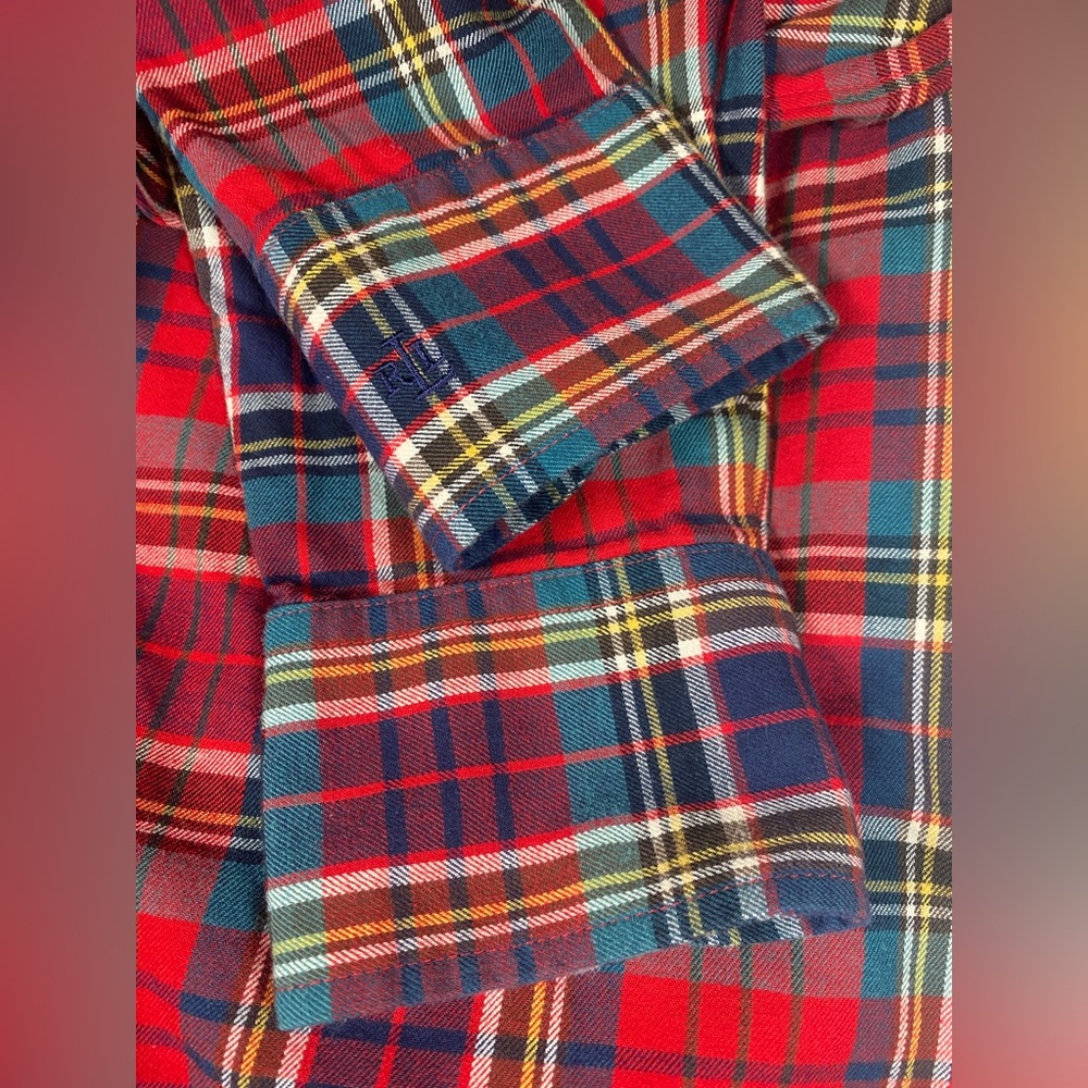 Lauren Ralph Lauren Red Blue Plaid Ruffle Front Shirt 100% Cotton LRL sz M - Picture 8 of 11